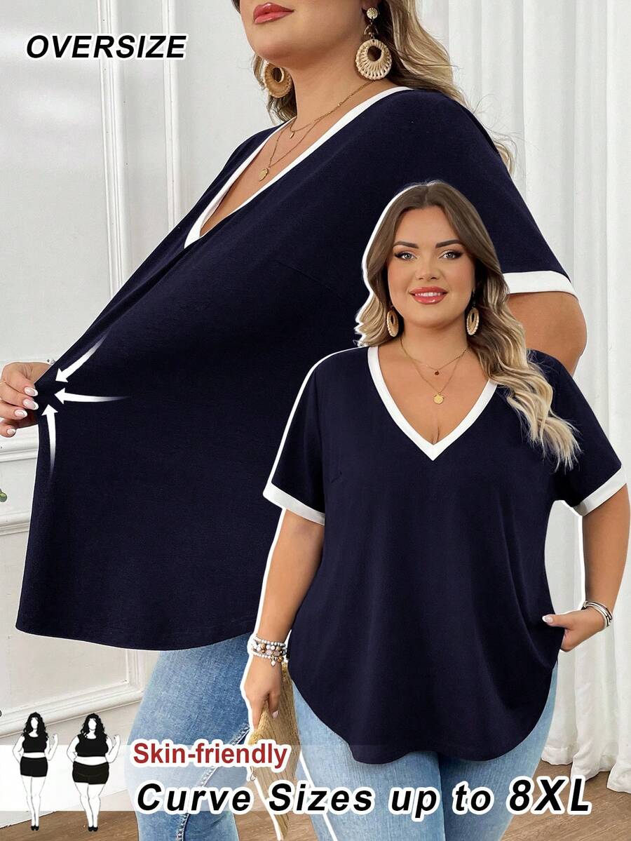 SHEIN CURVE+ 大码女式V领短袖休闲T恤，黑白配色/大码T恤，夏季/乡村/海滩度假装/海滩装/沙滩服饰 - 藏蓝色 - 查看 1