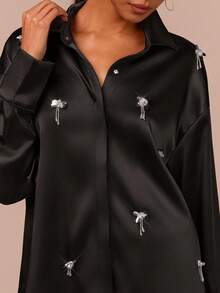 COSMINA Women's Elegant Rhinestone Decor Long Sleeve Blouse, Versatile For Office And Commute, All Season,  Satin Shirts For Women,  Black Button Up Shirt Women,  Rhinestone Shirt,  Satin Blouses For Women,  Sexy Blouses - Black - View 5