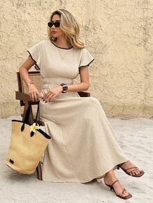 SHEIN Frenchy 女士撞色滚边圆领短袖荷叶边腰部中长连衣裙 - 杏色 - 查看 7