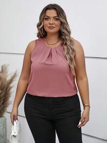 SHEIN Clasi Plus Size Plain Simple Round Neck Sleeveless Shirt - Coral Pink - View 5