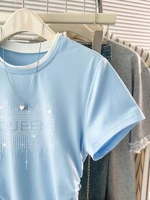 Resyla Women's Casual 2 In 1 Short Sleeve Ruched T-Shirt, Summer - Baby Blue - View 4