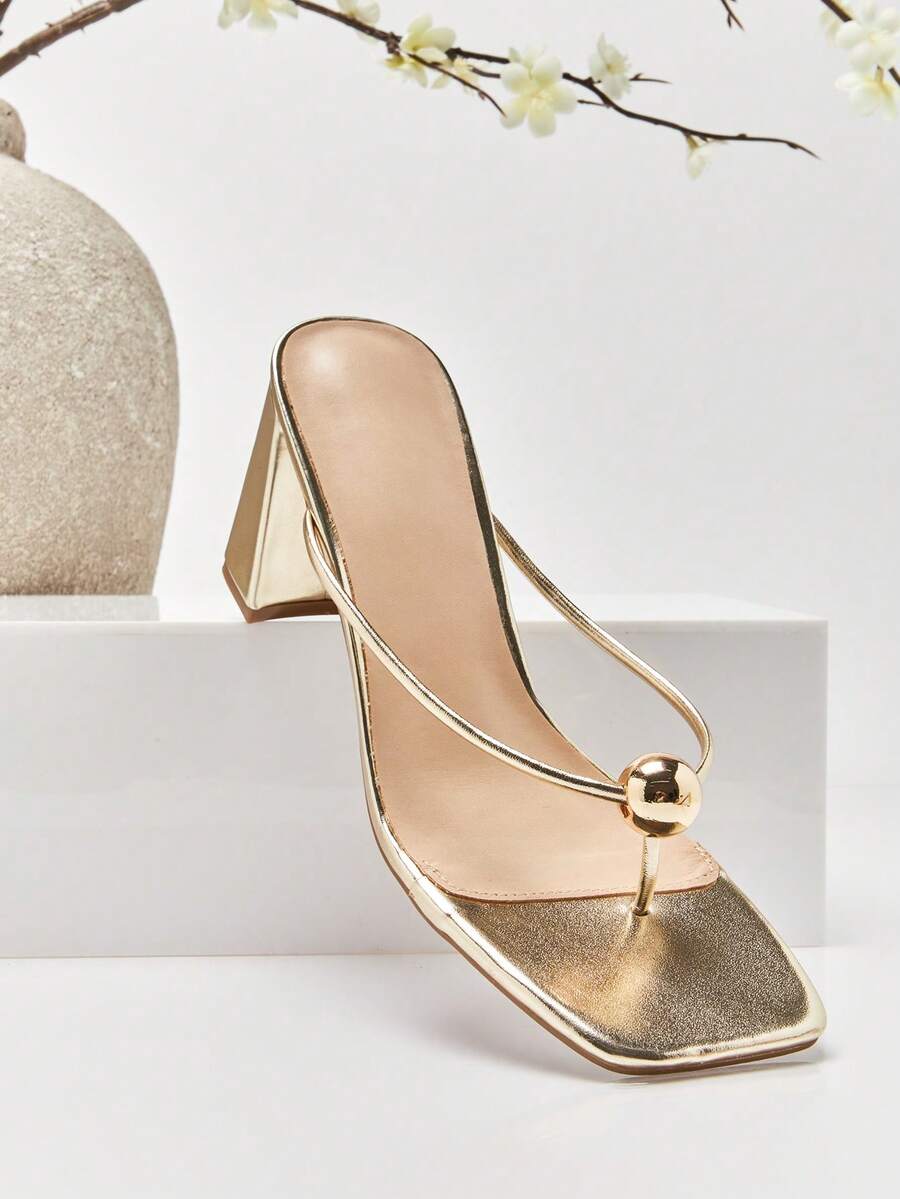SHUZIA 女士方头金色五金绑带厚底高跟休闲凉鞋 - 金色 - 查看 1
