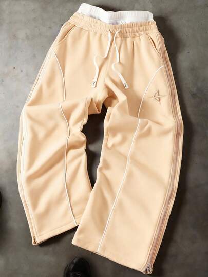 PAVTROS 青年街头风阔腿裤，双拉链腰带和侧边拼接设计，街头服饰，宽松版型，印花图案，情侣装，朋友装，表达爱意，街头风，情侣装，双层腰带，反光包边，热销刺绣图案