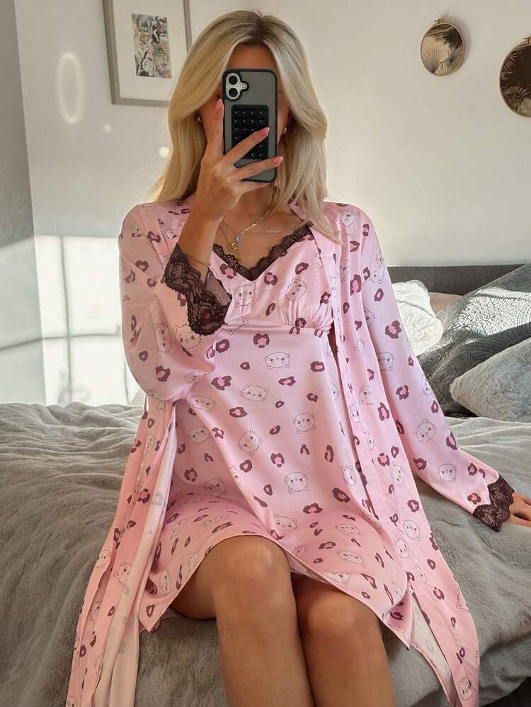 Leopard And Cartoon Cat Print Contrast Lace Trim Belted Robe & Cami Sleep Dress Pajama Set