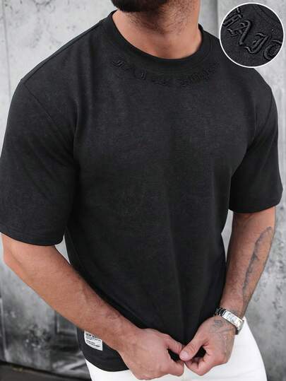 SLATEMANN Men's Washed Black Crew Neck Embroidered Letter Short Sleeve Comfortable T-Shirt, Suitable For Men's Casual, Holiday, Party, Shopping, Cycling, Hanging Out With Friends. Can Be Worn Alone Or Paired With Casual Outfits, Great For Self-Wear Or Gift To Friends