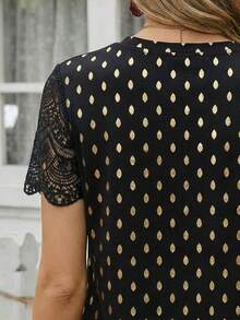 EMERY ROSE Polka Dot Digital Print Lace Sleeve Crafted Minimalist Round Neck Short Sleeve T-Shirt, A Gift For Friends - Black - View 3