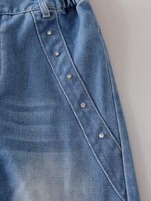 SHEIN 2pcs/Set Girls Butterfly Collar Design Straight Leg Jeans & Short Sleeve T-Shirt - Blue - View 5