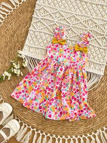 SHEIN Baby Girl Cute Floral Pattern Bow Strap Sundress, Summer Squishy Summer Outfits Summer Clothes Summer Dresses Vacation Spring Dresses Vacation Dresses - Multicolor - View 9