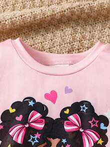 SHEIN 2件套女童图案针织圆领T恤和打底裤睡衣套装 - 淺粉色 - 查看 6