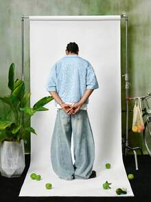 PAVTROS 男士牛仔效果镂空宽松短袖衬衫，粉蓝色，适合男士度假穿着，男士衬衫，男士度假服，浅蓝色纽扣衬衫 - 藍色 - 查看 4