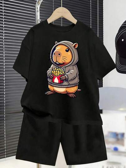 KID002y007|2 piezas|Para niños de 4 a 15 años|Enviado desde México|Conjunto de camiseta y pantalones cortos negros con un diseño atractivo de un jugador de baloncesto formado por palabras