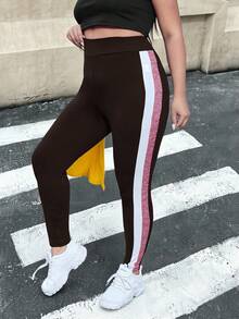 SHEIN EZwear Plus Size Chocolate Brown Contrast Color High Waist Leggings Brown Leggings Athletic Leggings Striped Leggings Brown Bottoms Women Women's Leggings - Chocolate Brown - View 4