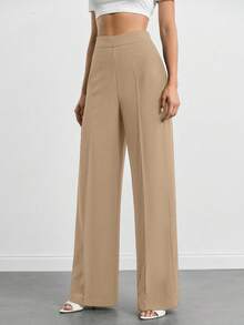 EURMUSE Pantalones anchos de talle alto de unicolor y casual para mujer de talla grande, de largo completo - Beis - Ver 3