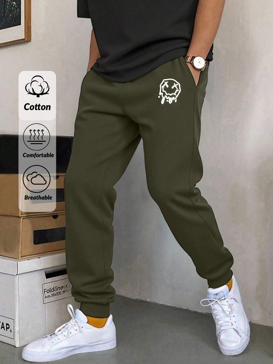 RueChic Men Smile Printed Elastic Drawstring Waist Regular Sweatpants - Army Green - View 1