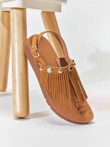 Mini mi #BohoCute Sandal Anak-Anak Dekorasi Batu dan Rumbai Bahan Suede Vegan Premium Warna Cokelat Muda Model Slingback dengan Tali Jari Kaki – Lembut, Aman & Nyaman - Merah tua - View 5