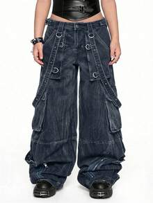 ROMWE Grunge Punk Celana Jeans Denim Ukuran Besar Longgar Model Dark Punk Super Heavy Metal dengan Desain Tali Grommet dan Lubang Tali Silang - Dark Wash - View 2