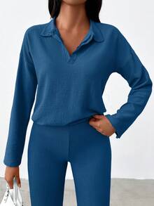 EURMUSE Solid Drop Shoulder Tee & Pants - Blue - View 3