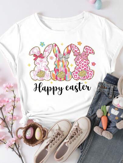 EMERY ROSE Easter Pastel Color Contrast Rabbit. Happy Easter. Sweet Print Casual Plus-Size T-Shirt.