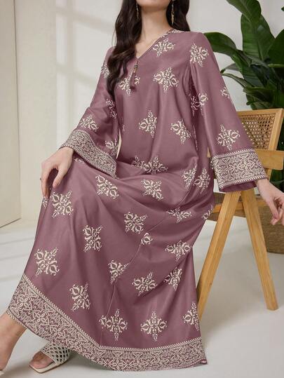 Al Najma Women's Floral Print V-Neck Long Sleeve Loose Arabic Style Maxi Dress