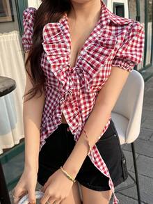 K-Vae Women's Checkered V-Neck Blouse With Ruffle Puff Sleeves, Cinched Waist, Sweet & Spicy Style, Summer - Multicolor - View 3