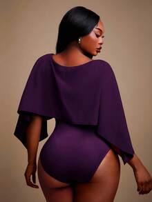 Radiana Plus Size Women's Elegant Daily Basic Dark Purple Solid Color Elegant Off Shoulder Batwing Cape Style Bodysuit Party Night Autumn Winter - Purple - View 2