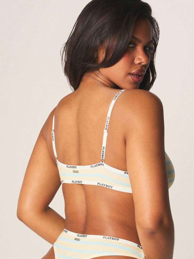 Missguided x Playboy Stripe Pattern Bra And Panty Set With Logo Elastic Tape Trim Lingerie Collection