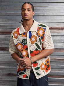 AXEPEAK Plus Size Men's Casual Crochet Patchwork Knit Sweater - Multicolor - View 3
