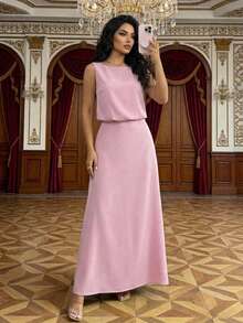 SHEIN LUNE Soft Pink,Summer,Elegant,Wedding Ninang Backless Waist Flared Dress For Women,Bridesmaid, Dates,Vacation,Spring/Summer Party Wedding Guest - Pink - View 5