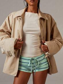 Athîral Women's Striped Drawstring Waist Casual Versatile Daily Wear Shorts - Green - View 3