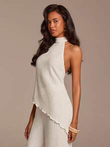 COSMINA 女士优雅露背无袖纹理两件套，阔腿波西米亚风，杏色，适合通勤、办公、日常、约会、情人节、婚礼宾客等场合。 - 杏色 - 查看 7