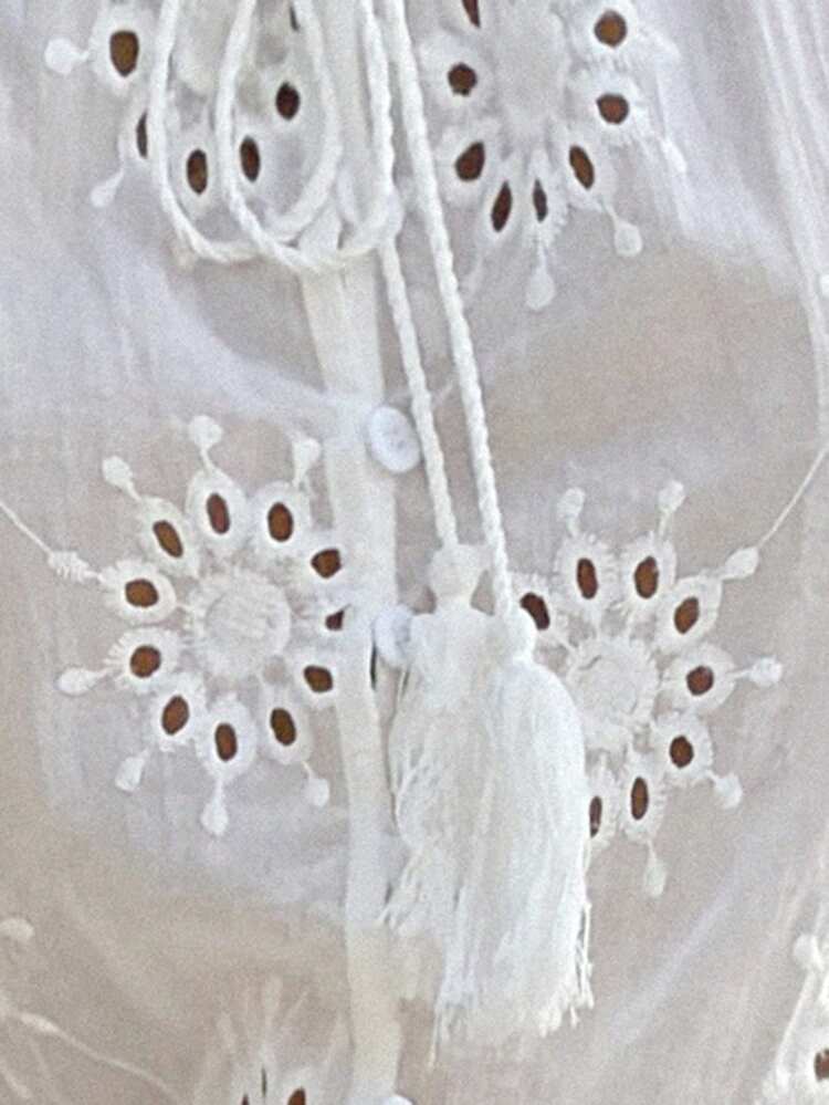 Women's Solid Color Jacquard Hollow Out Loose 3/4 Sleeve Tie Tassel Casual Vacation Spring/Summer Blouse Boho