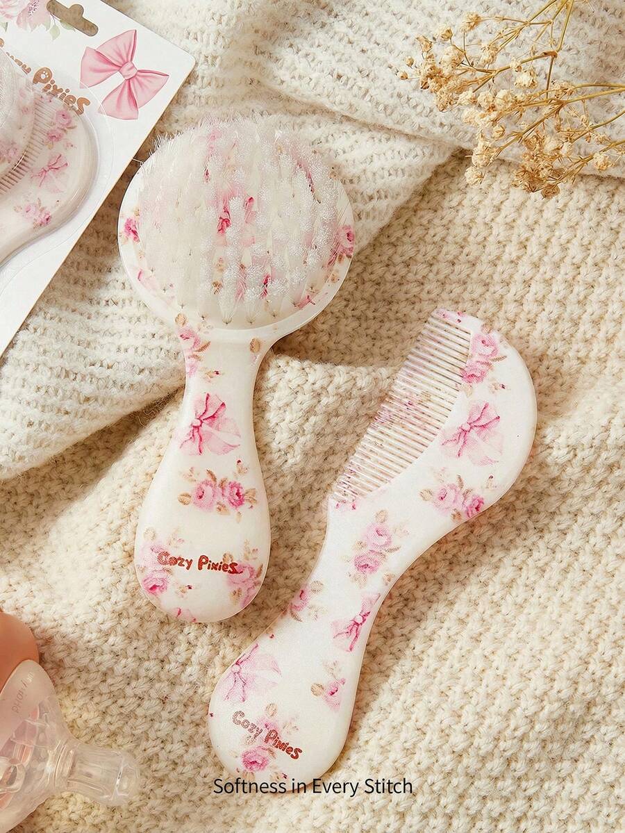 Cozy Pixies 2-Piece Set Of Soft Pink Bow Flower Hair Brush Comb Set, Gently Remove Hair Tangles, Prevent Cradle Scab, And Protect The Baby's Fontanelle At The Same Time. - Multicolor - View 1