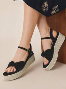 Sandalias de plataforma y cuña casual de unicolor tejidas para mujer de Styleloop, con decoración de lazo de ante, estilo bohemio de vacaciones, estilo vintage francés de lona de plataforma, sandalias de tobillo de estilo occidental, ropa de festival de música, zapatos de primavera y verano para vacaciones de primavera y Pascua - Negro 3 - Ver 2