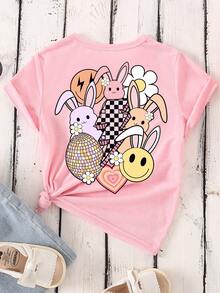 Girls' Casual Cute Pink Cartoon Rabbit,Flower,Heart,Plaid,Lightning Graphic Print Basic Short Sleeve T-Shirt,Summer School Comfortable Daily Wear - Baby Pink - View 4