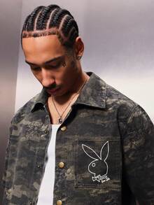 PLAYBOY X SUMWON Áo sơ mi denim nam họa tiết rằn ri có logo, tay ngắn, cài cúc phía trước, cổ bẻ, kiểu dáng thường ngày, thích hợp cho mùa hè. - màu xanh lá - Xem 5