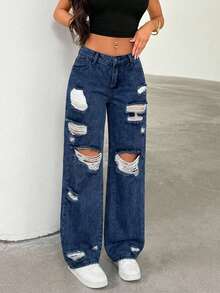 SHEIN Tall Women's Casual Fashion Street Chic Daily Commute Distressed Loose Straight Leg Jeans - Royal Blue - View 4