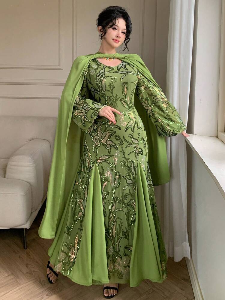 Spring & Summer Shiny Sequin Green Flare Sleeve Scarf Collar Satin Patchwork Dress, Elegant For Valentine's Day, Wedding, Party, Formal Occasion, Fashion Event, Commute, Maxi Length Long Sleeve Dress For Women Sundress