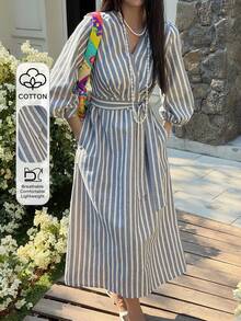 Livesso Frühlings- und Sommer-Gestreiftes Farbblock Boho-Stil Casual Urlaubs-Strand Elegantes Pendler-Lässiges Kleid mit Bindegürtel, Langarm Midi-Kleid für Damen Sommerkleid - Grau - Übersicht 1