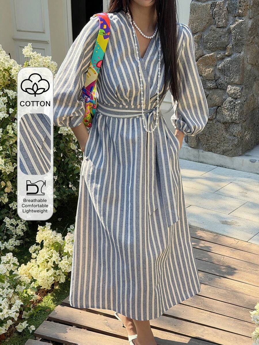 Livesso Frühlings- und Sommer-Gestreiftes Farbblock Boho-Stil Casual Urlaubs-Strand Elegantes Pendler-Lässiges Kleid mit Bindegürtel, Langarm Midi-Kleid für Damen Sommerkleid - Grau - Übersicht 1
