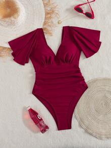 Swim Lushoire Áo tắm liền thân màu đỏ tía, cổ chữ V, tay bồng, eo thắt, kín đáo và tôn dáng, thích hợp cho bãi biển và khu nghỉ dưỡng, mùa hè. - Đỏ - Xem 5