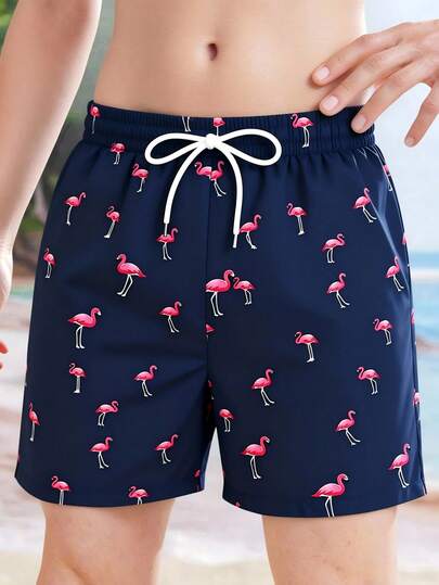 SHEIN Teen Boys Swimwear Navy Blue Flamingo Full-Body Print Elastic Quick-Dry Fabric Board Shorts Style Casual Vacation Style Suitable For Seaside Beach Pool Holiday Swimming Summer Beach Water Activities