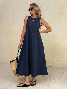 SHEIN Frenchy Đầm dài không tay cổ tròn màu trơn, dáng rộng, thanh lịch dành cho nữ - Màu xanh hải quân - Xem 5