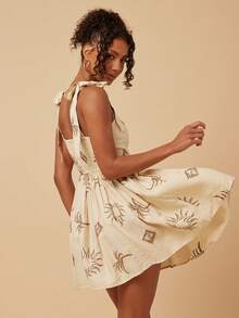 Travachic 女士碎花褶皱肩部系带腰身优雅迷你连衣裙，适合约会和派对穿着 - 杏色 - 查看 1