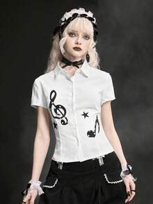 ROMWE Kawaii Blusa ajustada de mujer con estampado de lunares y notas musicales - Blanco - Ver 1