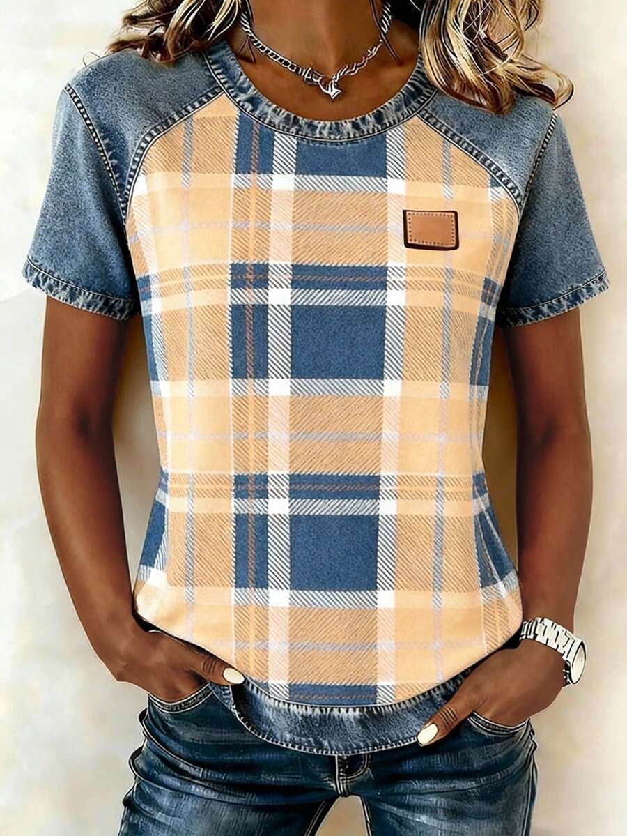 EMERY ROSE Women's Casual Colorblock Patchwork Crew Neck Short Sleeve T-Shirt - Multicolor - View 1