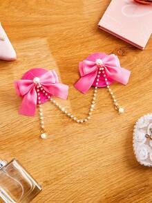 FairyFlirt 粉色蝴蝶结珍珠链缎面可爱性感女士乳贴 - 玫紅色 - 查看 5