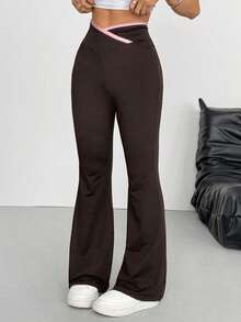 SHEIN EZwear 女士休闲喇叭裤，撞色腰带，粉色和棕色，春夏款 - 彩色 - 查看 7