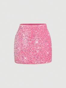 SHEIN MOD Women's Pink Sequin Mini Skirt,Autumn 70's Night Out Party Disco Fashionable Christmas New Year Luxury Evening For Weddings Beach Fall/Winter Costume - Pink - View 1
