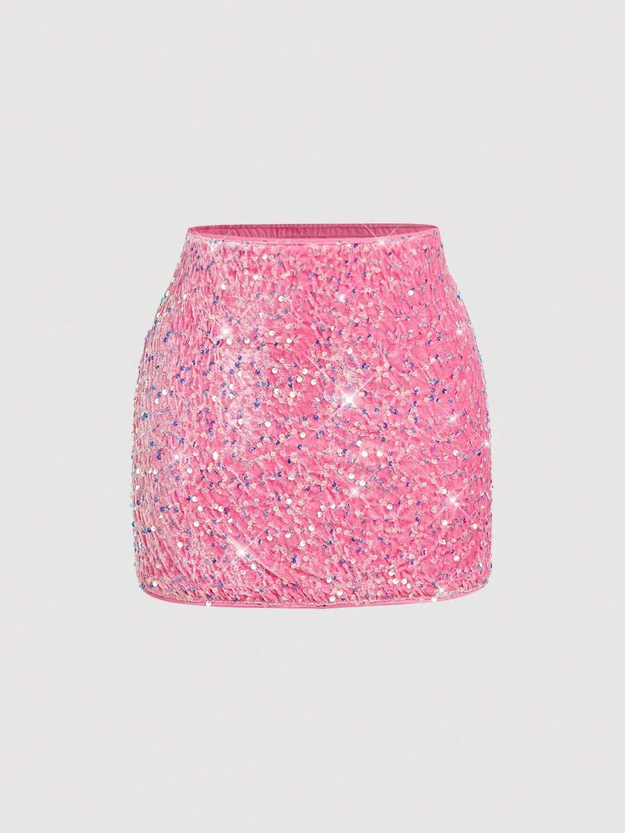 SHEIN MOD Women's Pink Sequin Mini Skirt,Autumn 70's Night Out Party Disco Fashionable Christmas New Year Luxury Evening For Weddings Beach Fall/Winter Costume - Pink - View 1