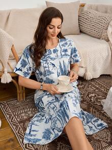 SHEIN Women's Casual Vacation Round Neck Forest Animal Print Loose Ruffled Hem Long Nightgown - Multicolor - View 3